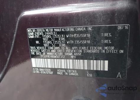 2016 Toyota Rav4 Se from USA, damaged, VIN 2T3JFREV8GW507312